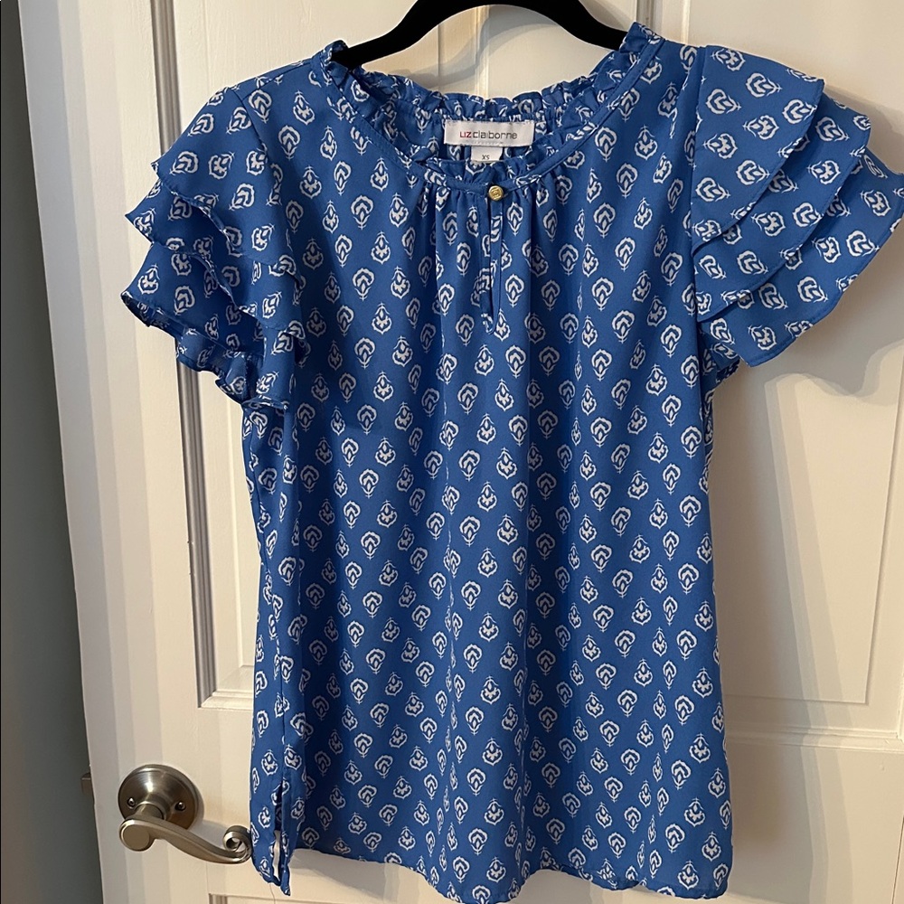 Blue Patterned Short Sleeve Blouse Liz Claiborne XS
